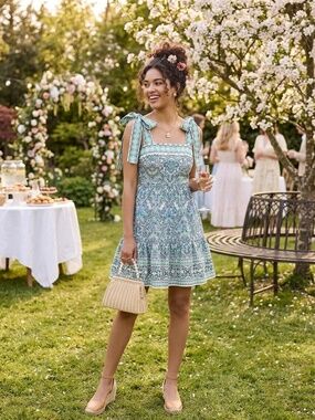 Shoshanna Raleigh Tiered Mini Dress Mint Green Paisley Tie Strap Size 10